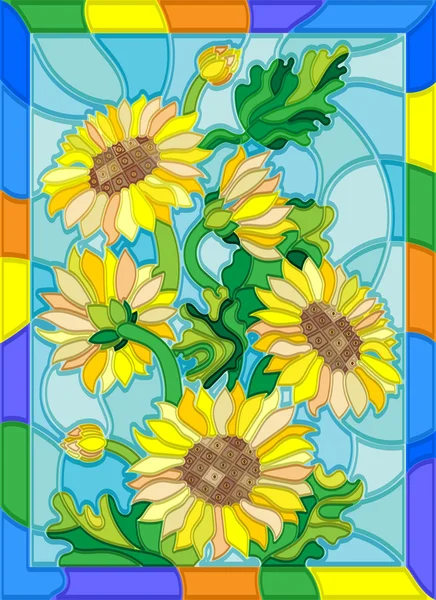 Ilustración en estilo vitral con flores, brotes y hojas de girasoles — Vector de stock