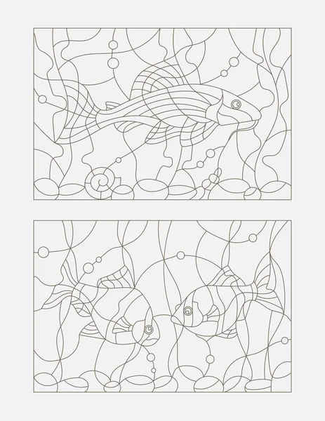 Set contour illustrations de vitraux avec des poissons d'aquarium — Image vectorielle