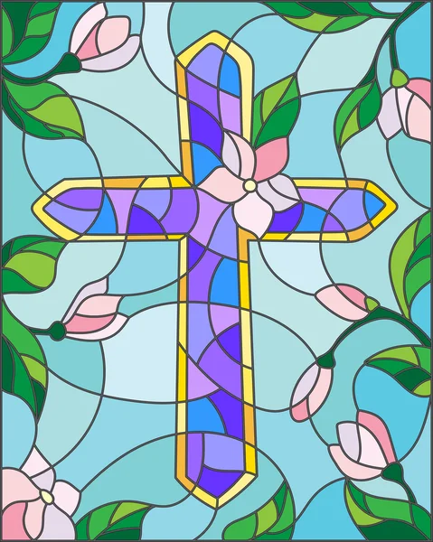 Illustrazione di vetro colorato con una croce nel cielo e fiori — Vettoriale Stock