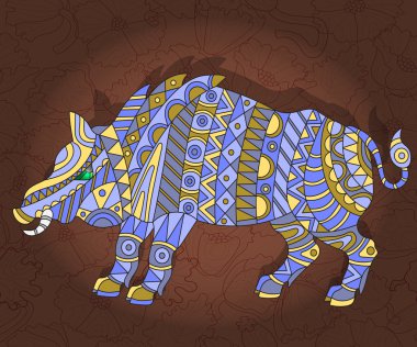 İllüstrasyon koyu bir çiçek arka plan üzerinde soyut yaban domuzu ile