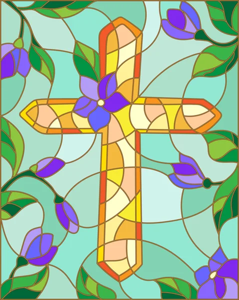 Ilustração de vidro manchado com uma cruz no céu e flores — Vetor de Stock