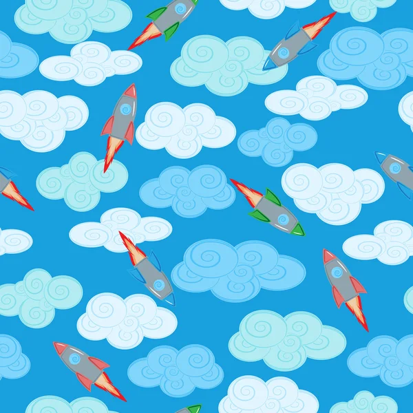 Modèle sans couture avec des fusées et des nuages sur fond bleu — Image vectorielle