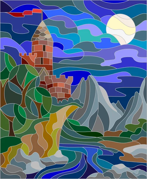 Ilustração em paisagem estilo vitral com castelo velho no fundo do céu, lua, rio e montanhas — Vetor de Stock