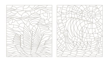 Kontur illüstrasyonlar vitray Stil kümesi deniz ve gökyüzü arka plan üzerinde vintage tekneler, beyaz bir arka plan üzerinde koyu anahat