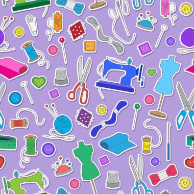 Çıkartmalar mor arka plan üzerinde renkli Dikişsiz desen iğne işi ve dikiş, basit konulu