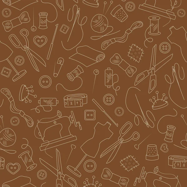 Бесшовный узор на тему рукоделия и шитья, простые контурные иконки на коричневом фоне — стоковый вектор