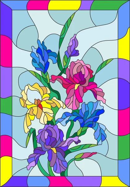 Ilustración en estilo vitral con flores, brotes y hojas de iris — Vector de stock