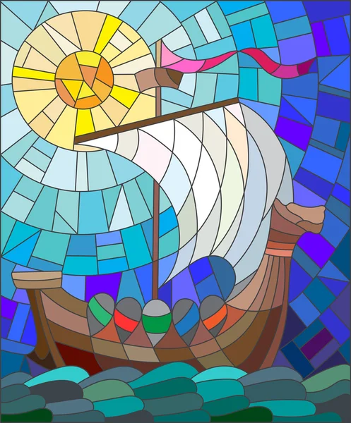 Ilustración en estilo vitral con barco antiguo contra el mar, el cielo y el sol — Archivo Imágenes Vectoriales