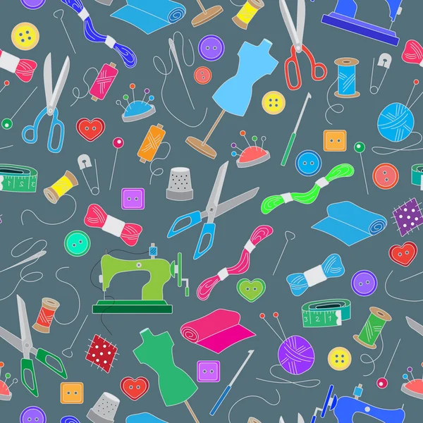 Dikişsiz desen iğne işi temanın ve gri arka plan üzerinde dikiş, basit renk simgeleri