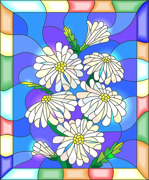 Illustration en vitrail avec fleurs, bourgeons et feuilles de camomille — Image vectorielle