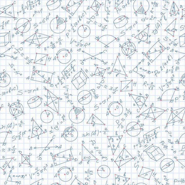 Varrat nélküli mintát a téma a tanulás és a geometria, a képletek és a diagram egy ketrecben notebook lapon — Stock Vector