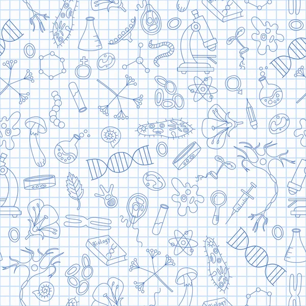 Безшовний візерунок з намальованими руками піктограмами на тему біології, темно-синій контур на аркуші ноутбука в клітці — стоковий вектор