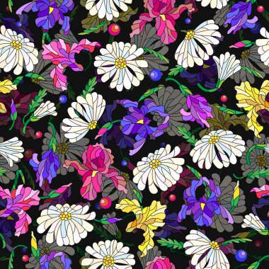 Vitray tarzı, bahar çiçekleri ile Seamless Modeli çiçekler, tomurcukları ve papatyalar ve süsen karanlık bir arka plan üzerinde bırakır