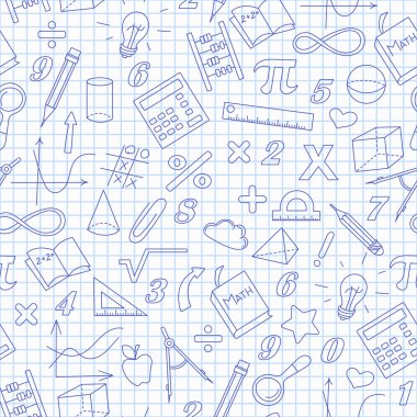 Matematik ve öğrenme, bir kafes içinde hafif bir arka plan üzerinde koyu mavi anahat konulu basit simgeler ile sorunsuz arka plan