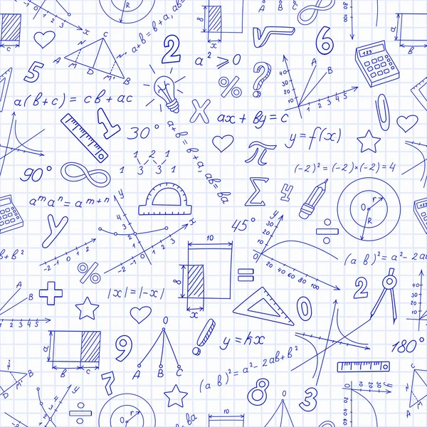 Modèle sans couture avec des formules et des graphiques sur le thème des mathématiques et de l'éducation, contour bleu foncé sur un fond clair dans une cage — Image vectorielle