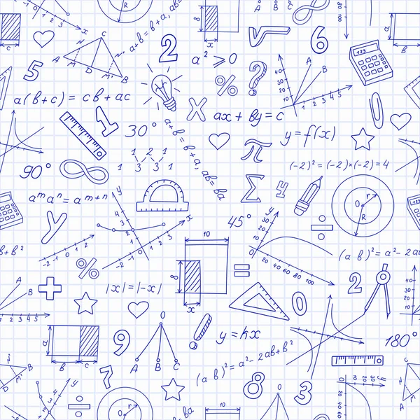 Patrón sin costuras con fórmulas y gráficos sobre el tema de las matemáticas y la educación, contorno azul oscuro sobre un fondo claro en una jaula — Vector de stock