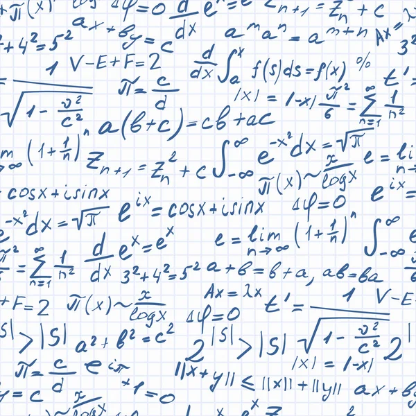 Nahtloser Hintergrund zum Thema mathematische Theoreme, Symbole und Formeln, dunkle Umrisse auf hellem Hintergrund in einem Käfig — Stockvektor