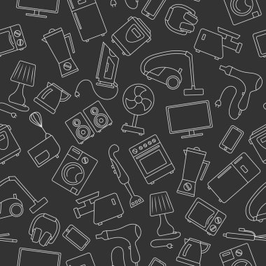Ev aletleri, karanlık bir arka plan üzerinde hafif bir anahat konuda basit bir kontur simgelerle sorunsuz arka plan
