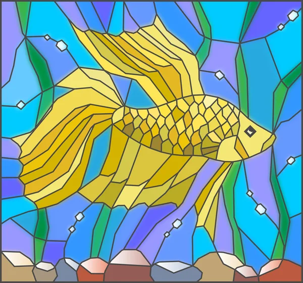 Ilustración en estilo vitral con peces peleadores amarillos en el fondo de agua y algas — Vector de stock