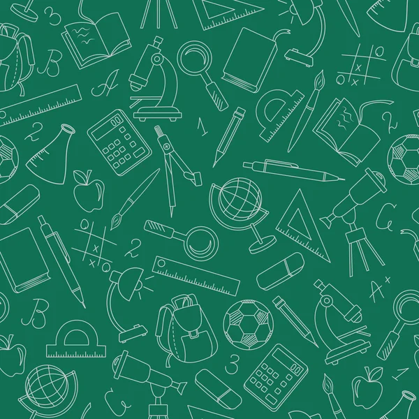 Wzór na temat szkoły, prostych ikon kontur, lekki zarys na zielonym tle — Wektor stockowy
