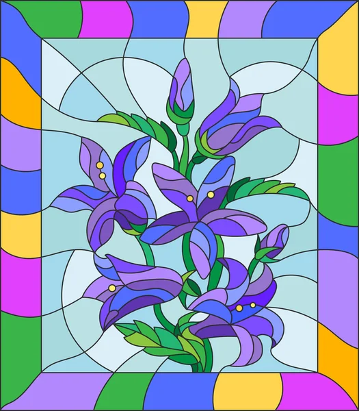 Ilustración en estilo vitral con flores, brotes y hojas de flores de campanula — Vector de stock