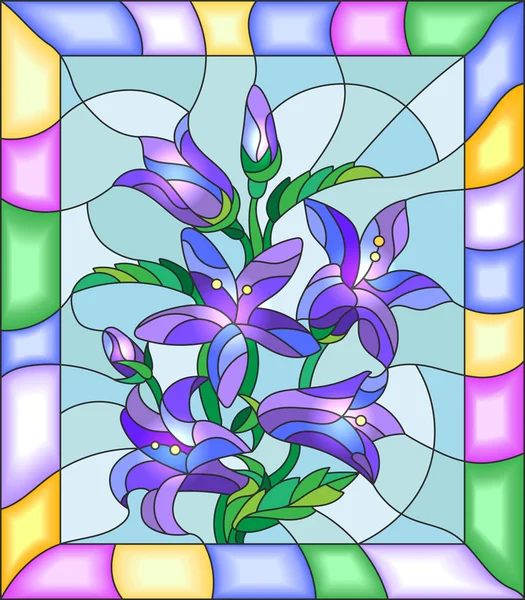 Illustration en vitrail avec fleurs, bourgeons et feuilles de fleurs de campanule — Image vectorielle