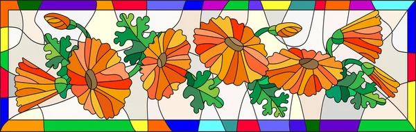 Illustration en vitrail avec fleurs, bourgeons et feuilles de calendula — Image vectorielle