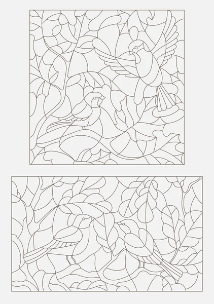 Conjunto de ilustraciones de contorno en estilo vidriera sobre el tema del otoño, dos pájaros en las ramas de los árboles — Vector de stock