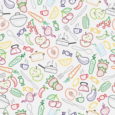 Bir tema mutfak aksesuarları ve gıda üzerinde anahat simgeleri, hafif bir arka plan üzerinde renkli kontur ile Seamless Modeli