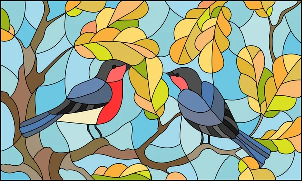 Ilustração em estilo vitral sobre o tema do outono, dois bullfinches no céu e folhas de carvalho —  Vetores de Stock