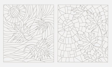 Windows sonbahar akçaağaç konulu bırakır vitray kontur çizimleri gökyüzüne karşı ayarla