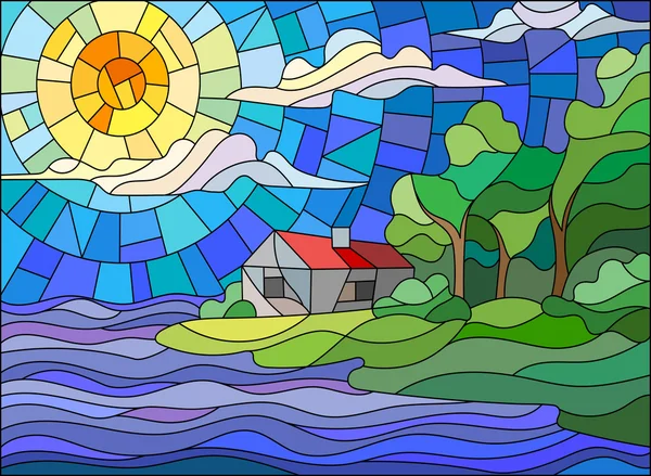 La imagen en el paisaje estilo vidriera con una casa solitaria sobre un fondo de cielo y mar — Vector de stock