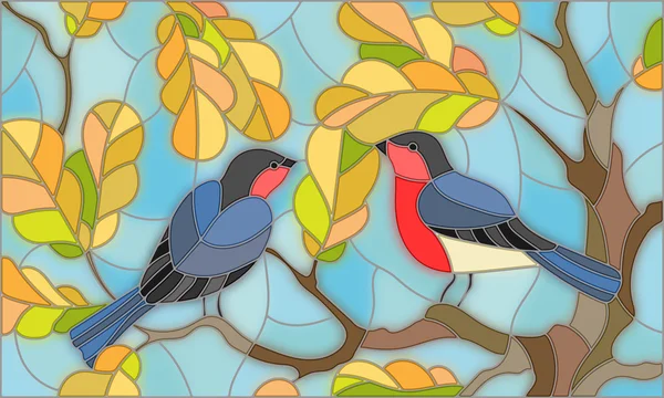 Ilustração em estilo vitral sobre o tema do outono, dois bullfinches no céu e folhas de carvalho —  Vetores de Stock