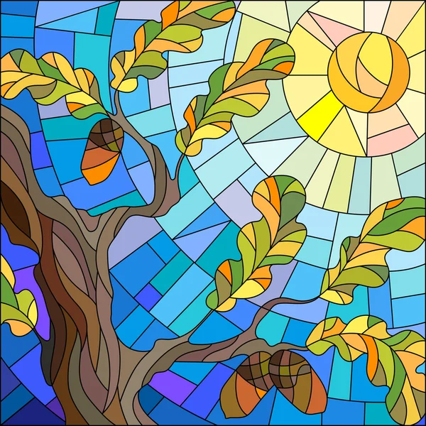 Illustration en style vitrail avec des feuilles de chêne sur fond ciel et soleil — Image vectorielle
