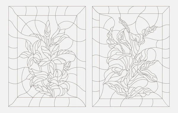 Conjunto de ilustraciones de contorno en el estilo de vidrieras, lirios de Calla y flores de campanas azules, contorno oscuro sobre un fondo blanco — Vector de stock