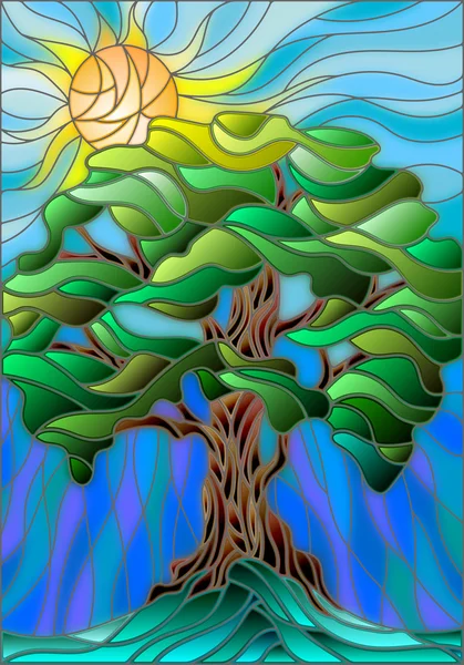 Ilustración en estilo vidriera con árbol sobre fondo cielo y sol — Vector de stock