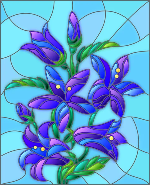Ilustración en estilo vitral con flores, brotes y hojas de flores de campanula — Vector de stock