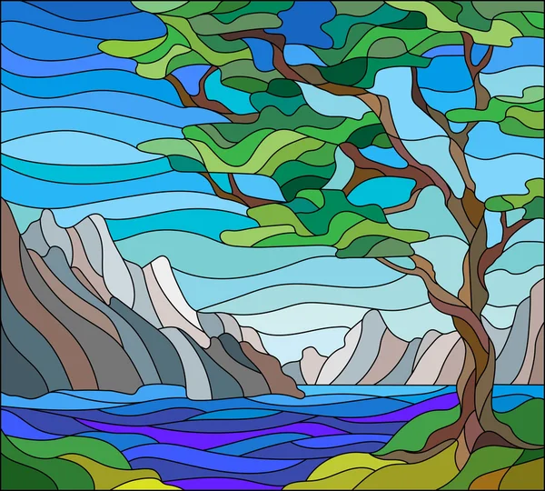 Ilustração na paisagem de estilo vitral com uma árvore solitária em um fundo de montanhas, água e céu —  Vetores de Stock