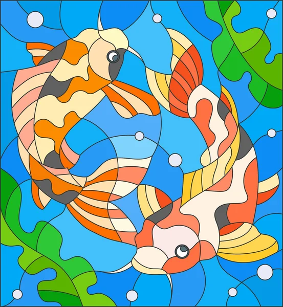 Illustration in stained glass style with a pair of carps on the background of water and algae — Stock Vector