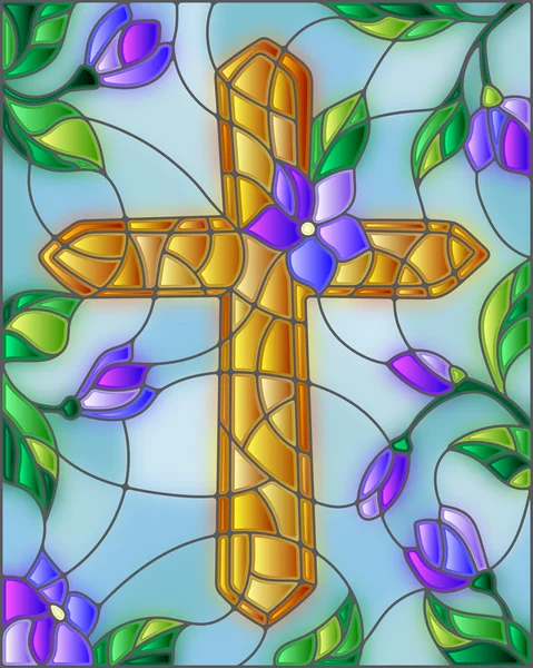 Ilustración de vidrieras con una cruz dorada en el cielo y flores — Archivo Imágenes Vectoriales