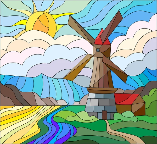 L'image dans le paysage de style vitrail avec un moulin à vent sur un fond de ciel et de soleil — Image vectorielle