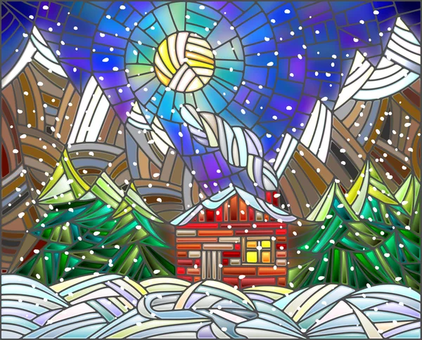 Зимовий пейзаж у вітражному стилі з самотнім будинком на тлі гір і нічної скіни — стоковий вектор