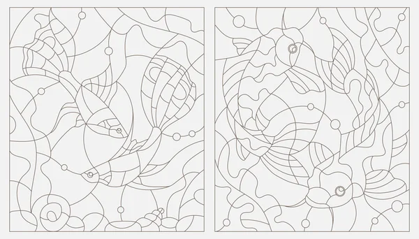Set contour illustrations of stained glass with aquarium fish — Stock Vector