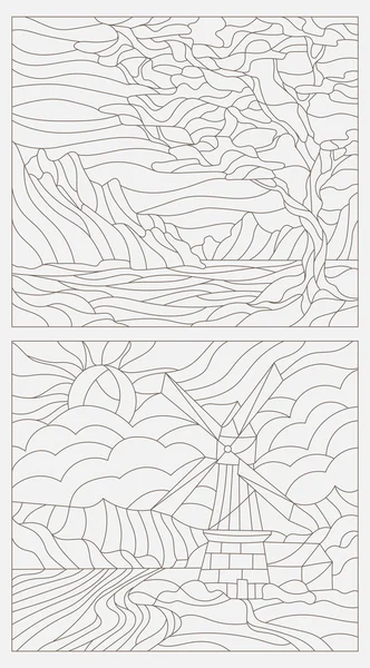 Establecer ilustraciones de contorno de vidrieras, el árbol contra el cielo, ríos y montañas, un molino en el fondo, y el río y el cielo — Vector de stock