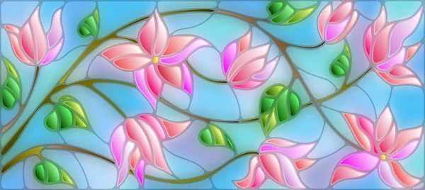 Ilustración en estilo vitral con flores abstractas de cerezo sobre fondo azul — Vector de stock