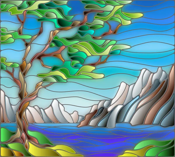 Illustration dans un paysage de style vitrail avec un arbre solitaire sur fond de montagnes, d'eau et de ciel — Image vectorielle