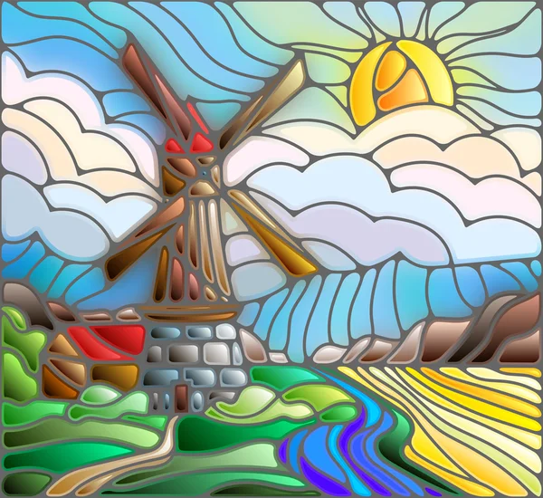 Das Bild in der Glasmalerei-Landschaft mit einer Windmühle vor dem Hintergrund von Himmel und Sonne — Stockvektor