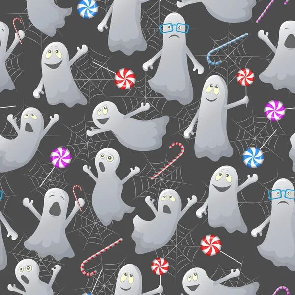 Modèle sans couture pour Halloween, fantômes drôles, toiles d'araignée et bonbons sur fond sombre — Image vectorielle