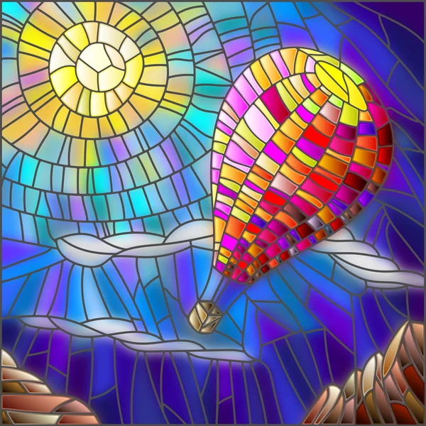 Illustration in Glasmalerei Heißluftballon auf Himmelshintergrund und Sonne — Stockvektor