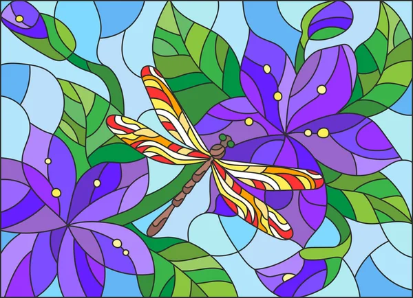 Ilustração em estilo vitral com libélula brilhante contra o céu, folhagem e flores —  Vetores de Stock